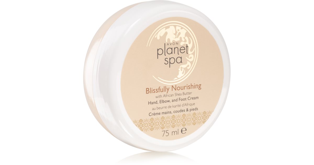 Avon Crema nutriente per mani, piedi e gomiti con burro di karitè Planet Spa (Crema mani, gomiti e piedi Beatamente nutriente con burro di karitè africano) 75 ml