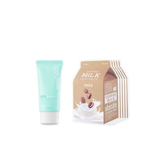 Wholesale A'PIEU - Milk One Pack Sheet Mask - Coffee - 5pcs + Pure Block Aqua Sun Gel SPF50+ PA+++ 1ea Set | Carsha